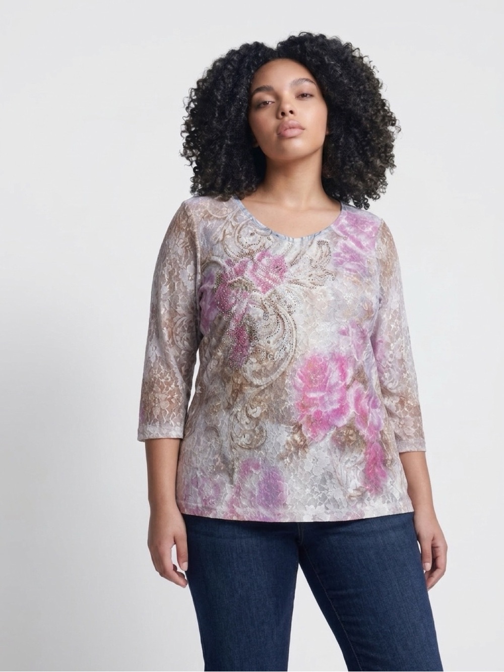 Christopher & Banks Pink and Gold Lace Tunic Top with rhinestones.